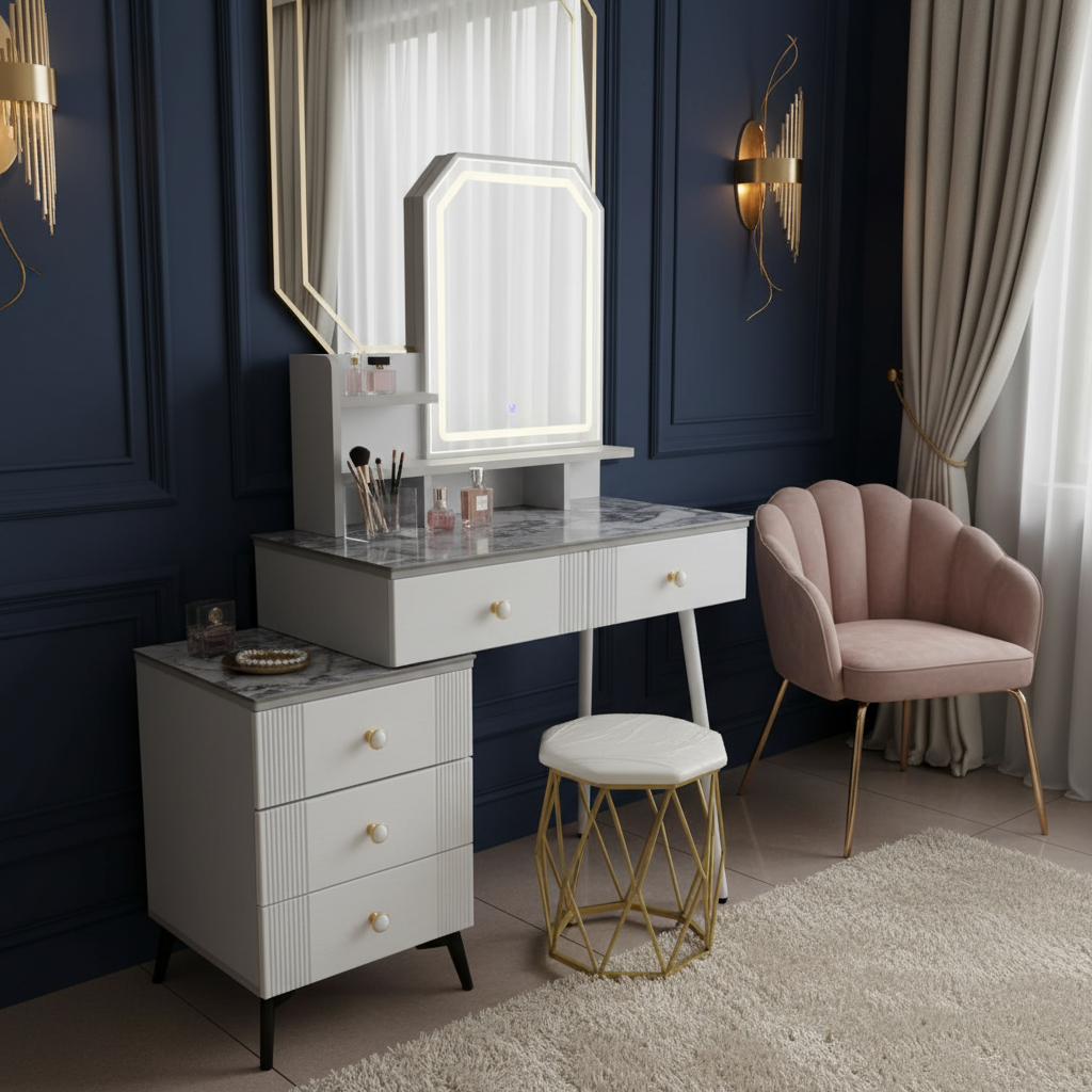 FDT 1511 marble top LED vanity dressing table with octagon illuminated mirror, five drawers, storage shelves, and matching gold frame stool.