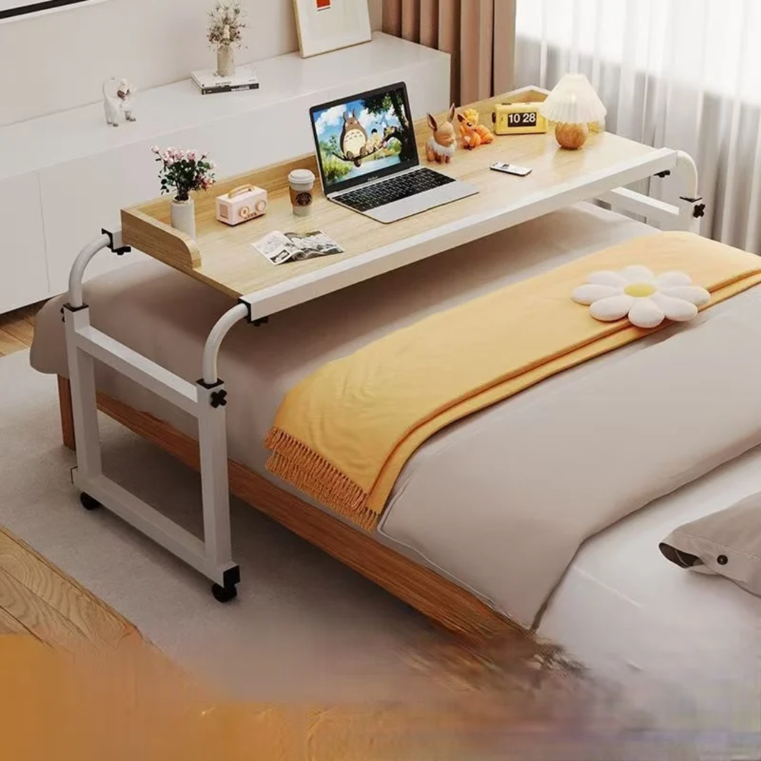 Adjustable over-bed laptop desk with wheels, ergonomic design, height 65–95 cm, length 140–230 cm, available in white and brown. 