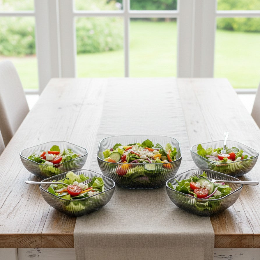 Blue grey square glass salad bowl set with vertical design.