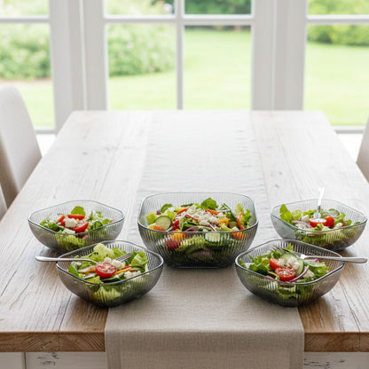 Blue grey square glass salad bowl set with vertical design.