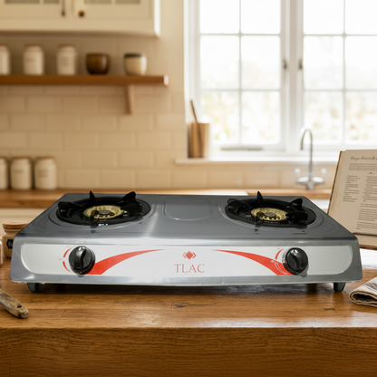 Table-top stainless steel 2 burner gas stove with auto ignition for modern kitchen cooking