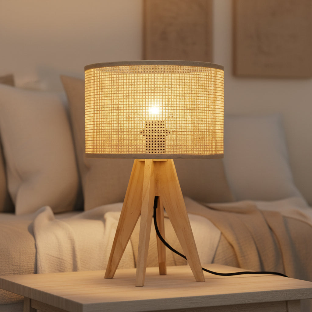 Wooden rattan table lamp with natural wood base and woven shade measuring 24 × 36.5cm
