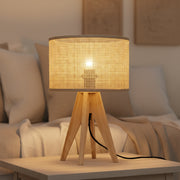 Wooden rattan table lamp with natural wood base and woven shade measuring 24 × 36.5cm