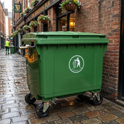 TT super large green dustbin with wheels, available in 750L and 1100L, designed for high-capacity waste collection and easy mobility. ♻️