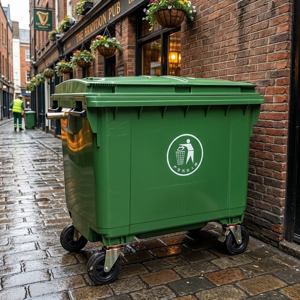 TT super large green dustbin with wheels, available in 750L and 1100L, designed for high-capacity waste collection and easy mobility. ♻️