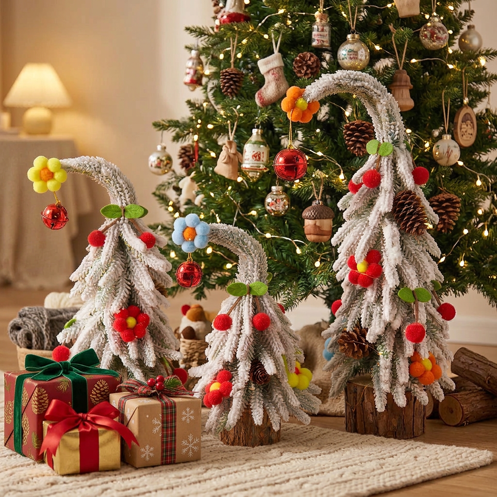 25cm Snow-Covered Christmas Tree Decoration with Wooden Base