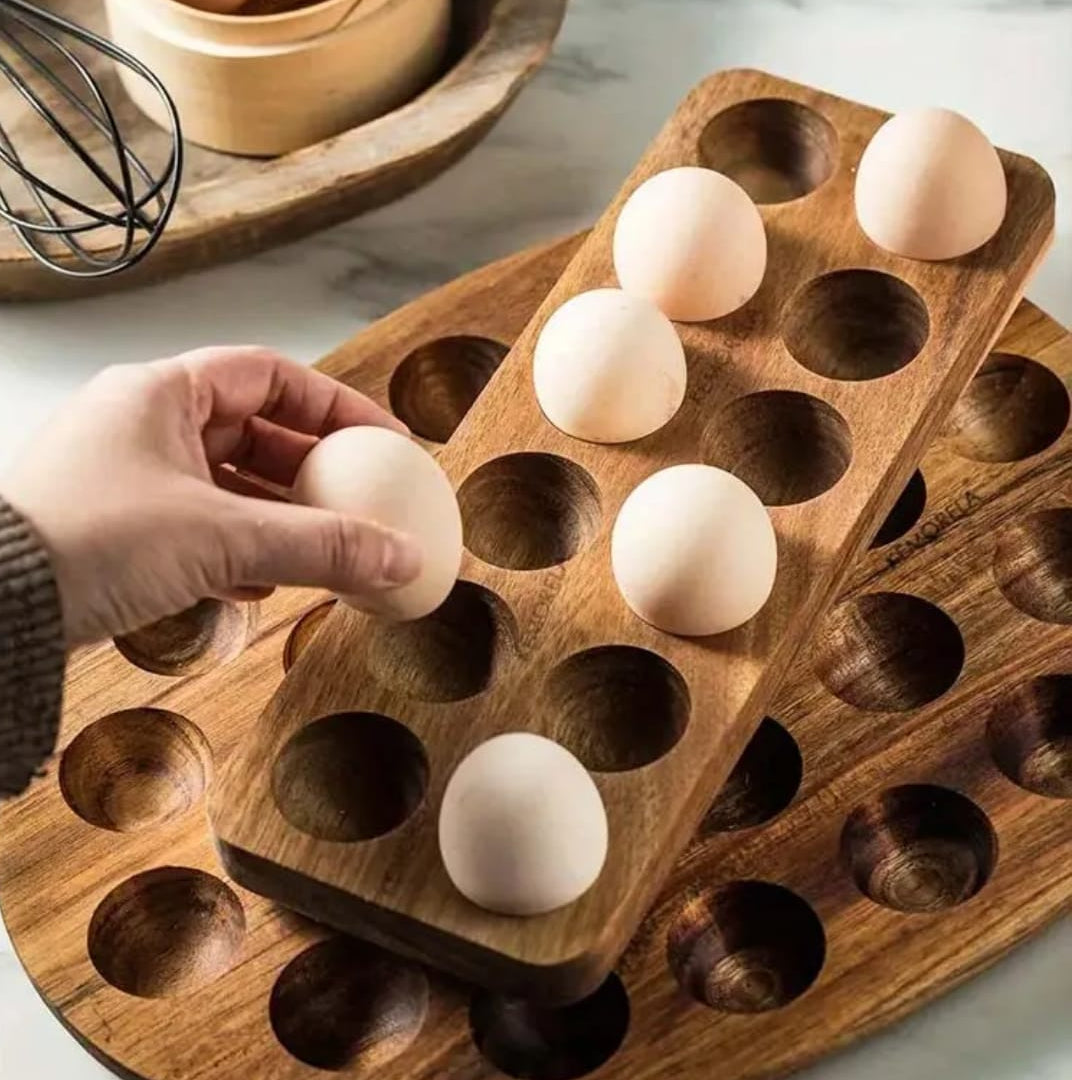 12pcs wooden egg holder tray, Nordic style egg storage rack for kitchen and refrigerator organization. 