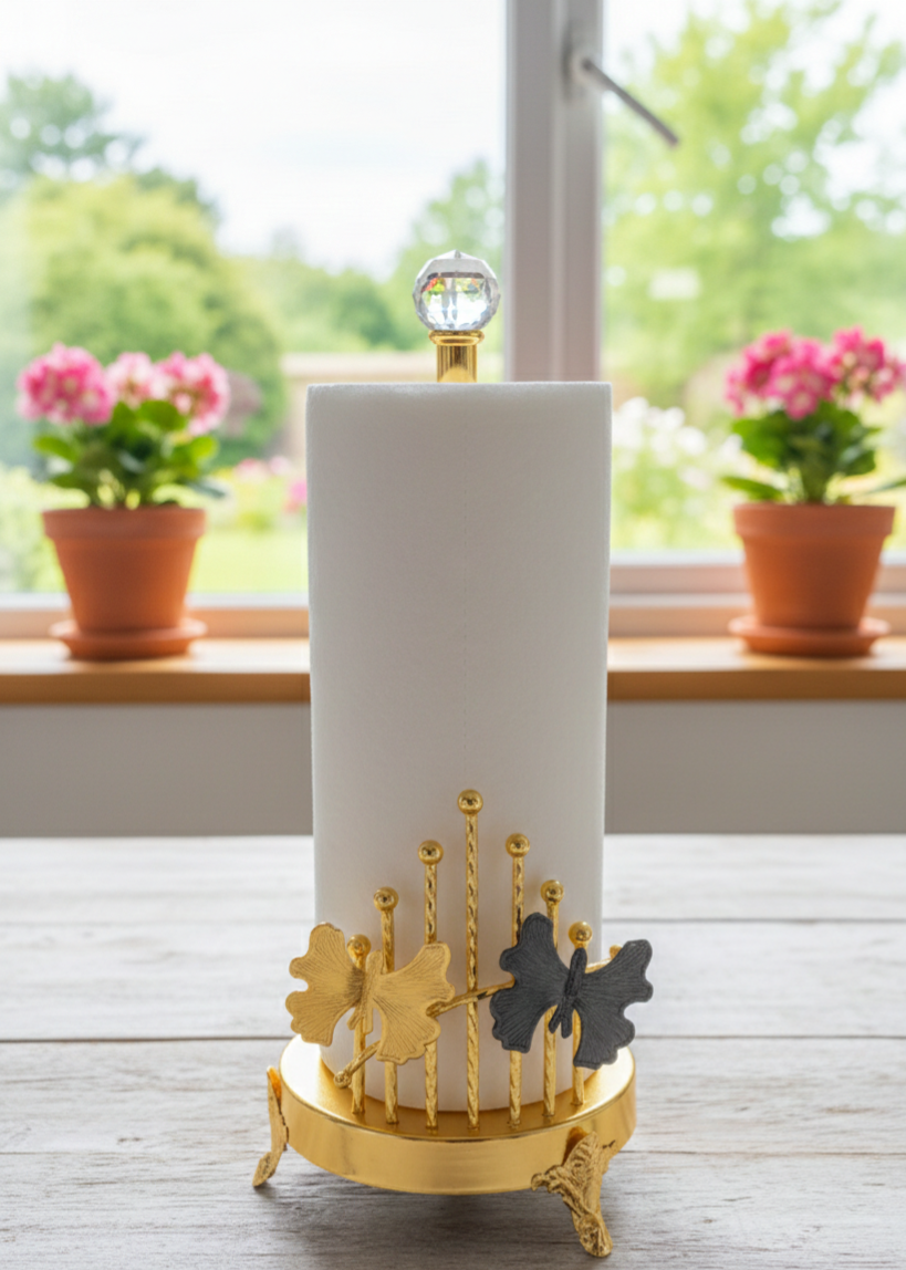 Elegant stainless steel tabletop kitchen paper roll holder with a luxury decorative design.