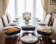 Three-piece black ceramic chafing dish set with capacities 3.5L, 2.8L, and 1.8L.