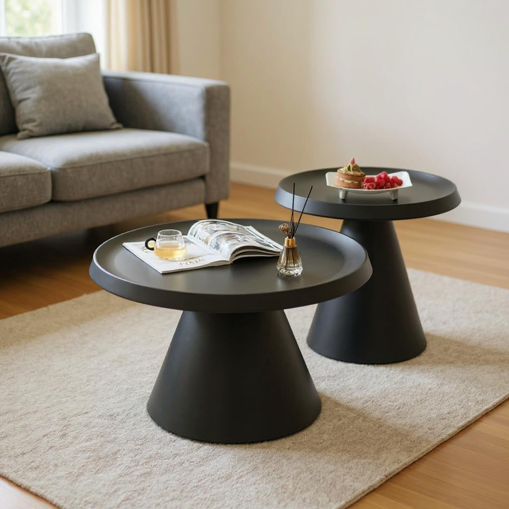 Nesting coffee table set with black or white metal base for modern space saving living room furniture
