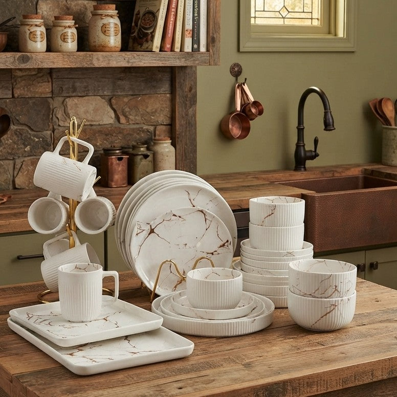 36 piece white floral ceramic dinner set with dinner plates, side plates, bowls, cups, saucers, and plate bowls.
