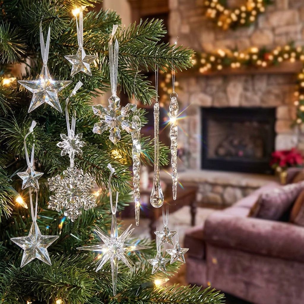Transparent Christmas Tree Ornaments in Assorted Snowflake, Star, Icicle and Crystal-Inspired Designs for Festive Decorations available in Nairobi, Kenya