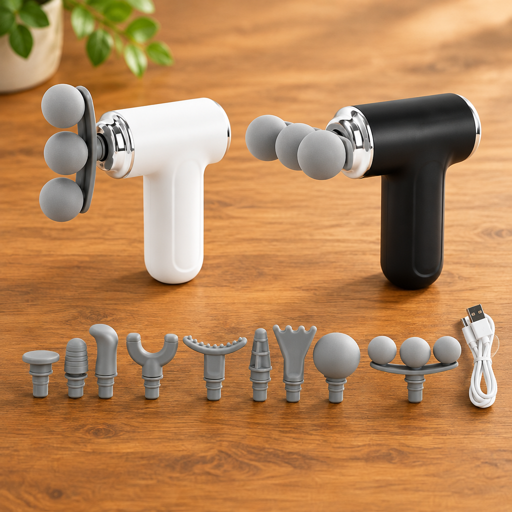 9 in 1 rechargeable deep tissue massage gun with multiple massage heads in black, white, grey and blue