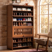 9 layer bamboo shoe storage cabinet with pull down slatted doors, measuring 138 × 80 × 32 cm, ideal for organizing shoes in entryways and bedrooms.
