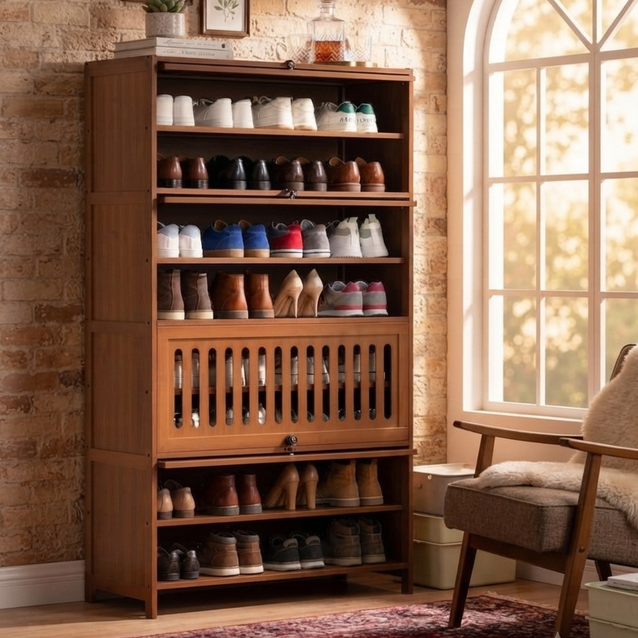 9 layer bamboo shoe storage cabinet with pull down slatted doors, measuring 138 × 80 × 32 cm, ideal for organizing shoes in entryways and bedrooms.