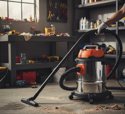 20-litre wet and dry vacuum cleaner for household and commercial cleaning, suitable for floors, carpets, and spills