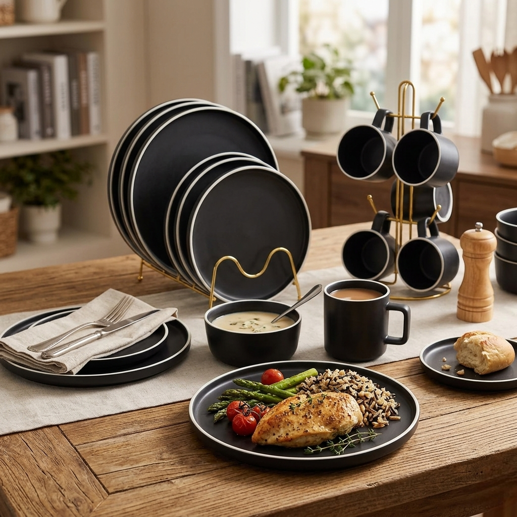 24 Piece Matte Black Dinner Set