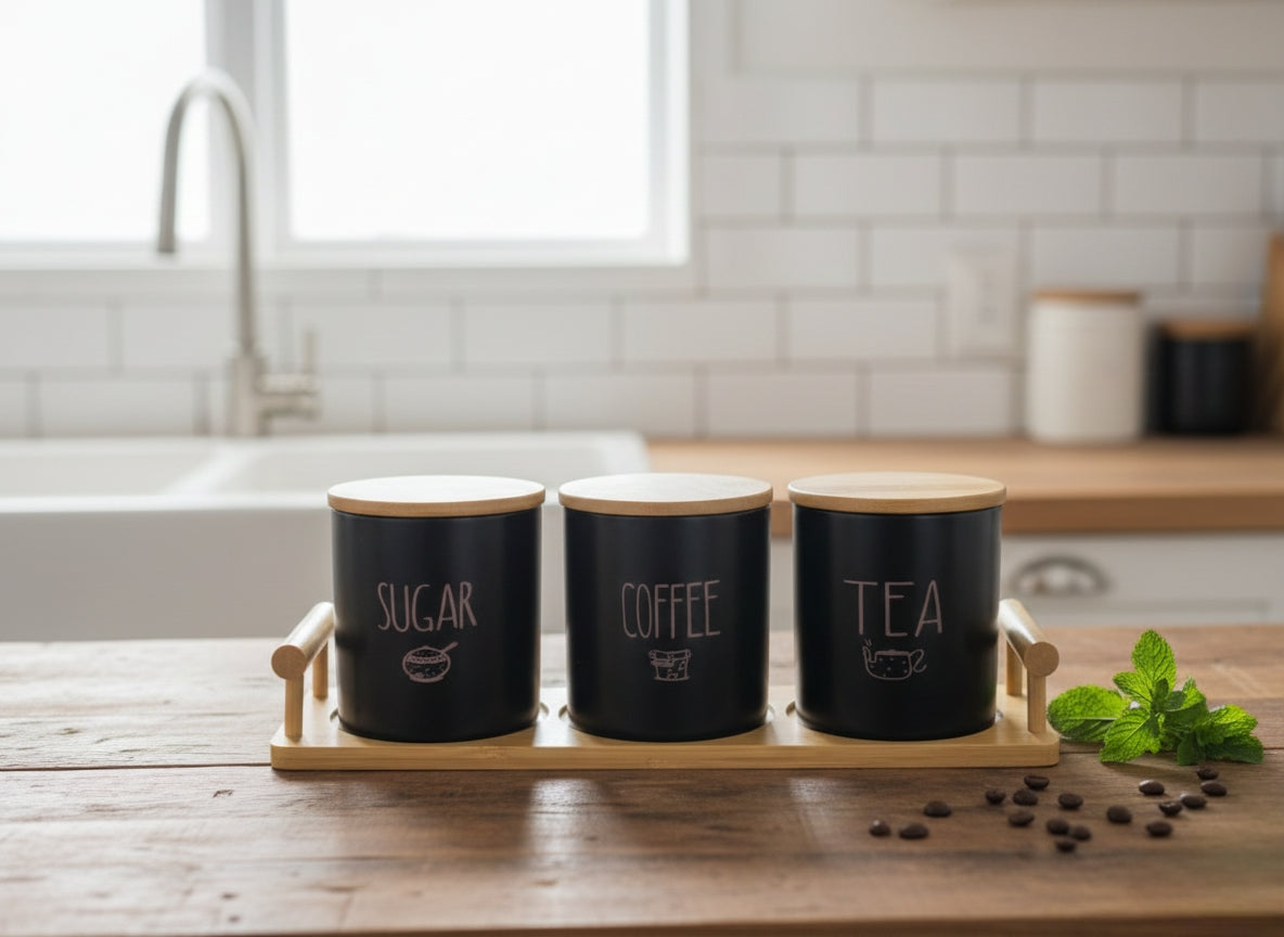 Black ceramic canister set with bamboo stand, three 800 ml jars for kitchen storage.