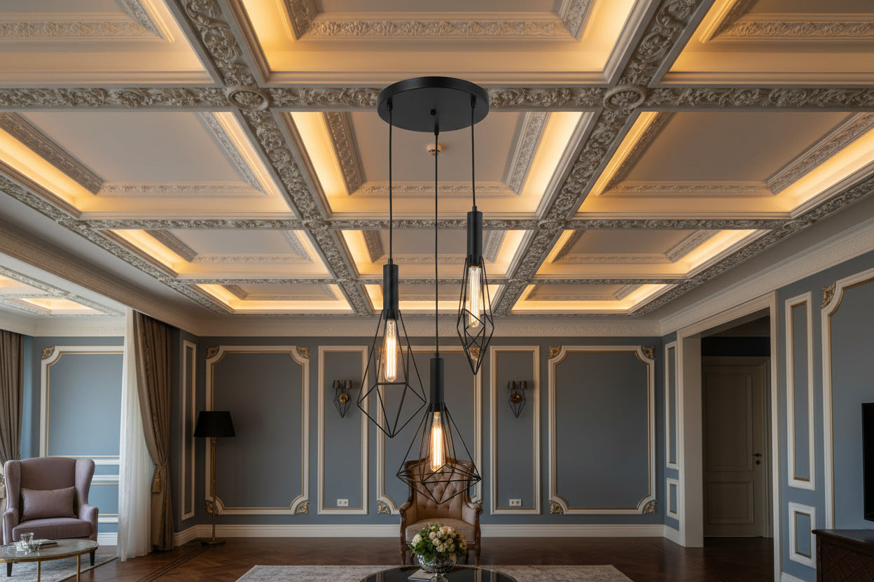 Industrial cage pendant ceiling light with three E27 bulbs and mixed height design for modern interiors