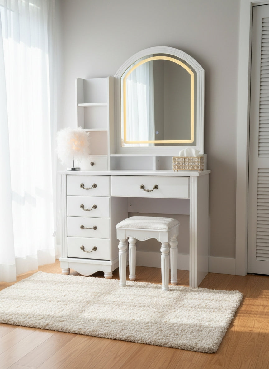 White wooden dressing table with LED light mirror.