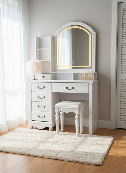 White wooden dressing table with LED light mirror.