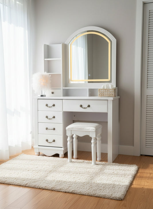 White wooden dressing table with LED light mirror.