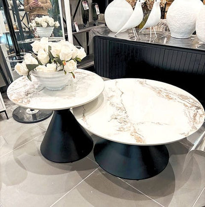 Nesting coffee tables with black metal base for modern space saving living room furniture