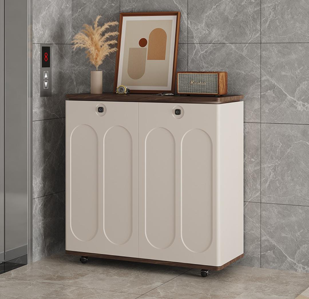 2-door ultra-slim cabinet with arched doors, modern shoe storage or bedside organizer for home. 