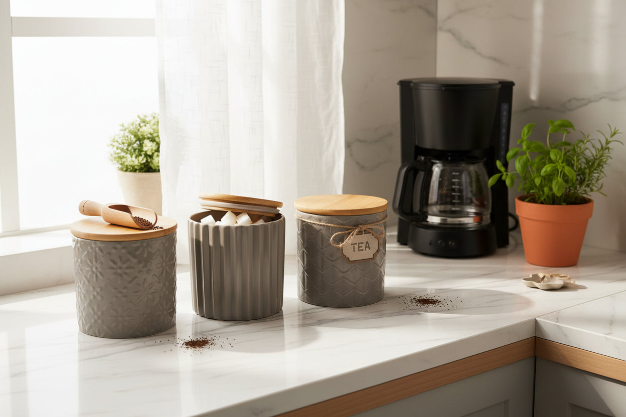 3 Piece plain kitchen canister set with bamboo lids for storing tea coffee and sugar