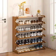 Brown six layer bamboo shoe rack measuring 100 × 23 × 82 cm, holding approximately 30–36 pairs of shoes.