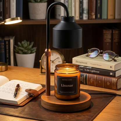Electric candle warmer with wooden base and metal frame for safely warming scented candles and enhancing room fragrance