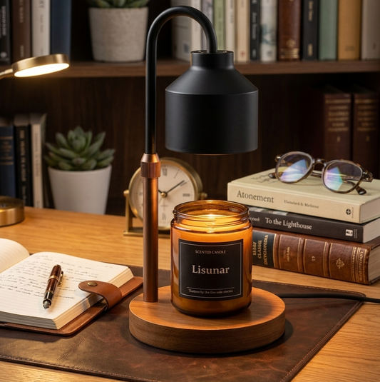 Electric candle warmer with wooden base and metal frame for safely warming scented candles and enhancing room fragrance