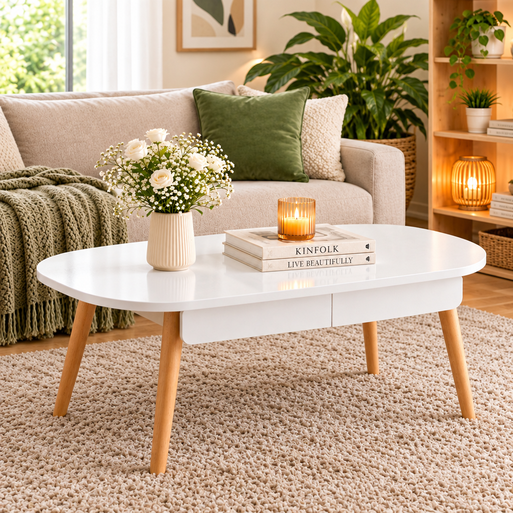 Oval Coffee Table with Drawer Storage White