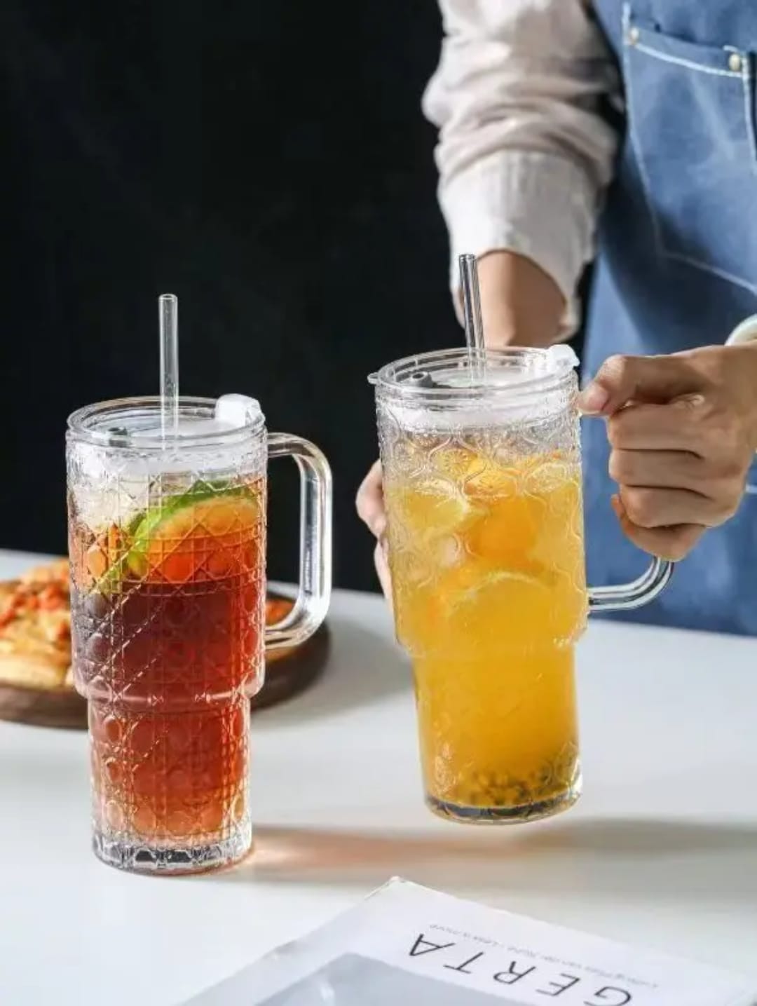 2 Piece Ribbed Borosilicate Glass Tumbler Set with Lids and Straws
