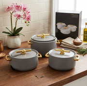 Set of three gold insulated hotpots in 1.5L, 2.0L, and 2.5L sizes for keeping food warm