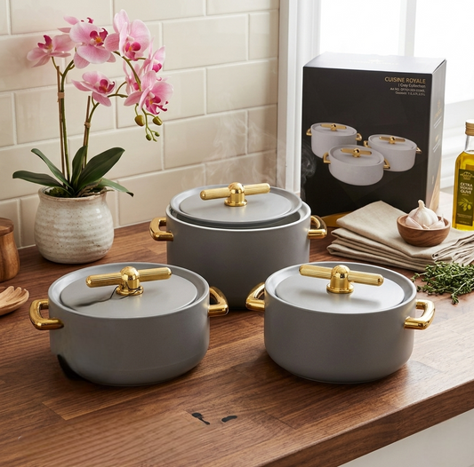 Set of three gold insulated hotpots in 1.5L, 2.0L, and 2.5L sizes for keeping food warm
