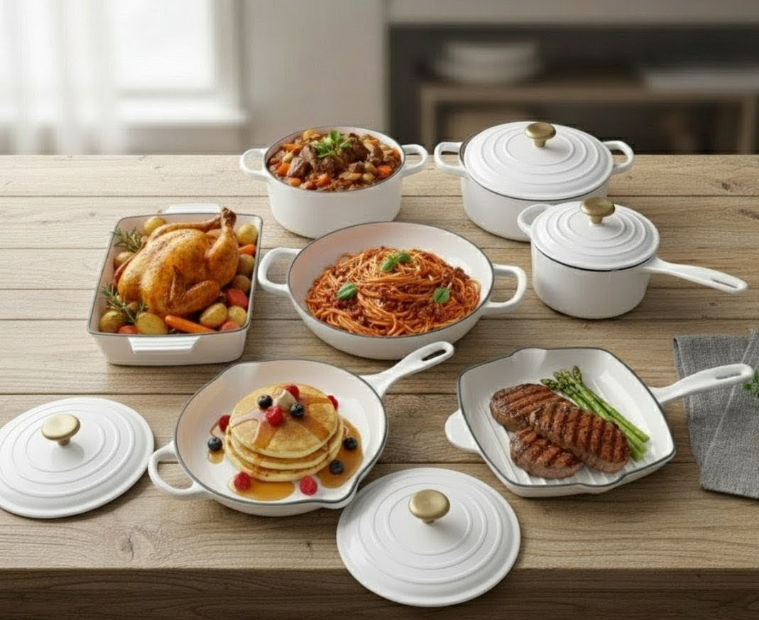 Enamel cast iron cooking pots set with casserole, frying, grill, and baking tray