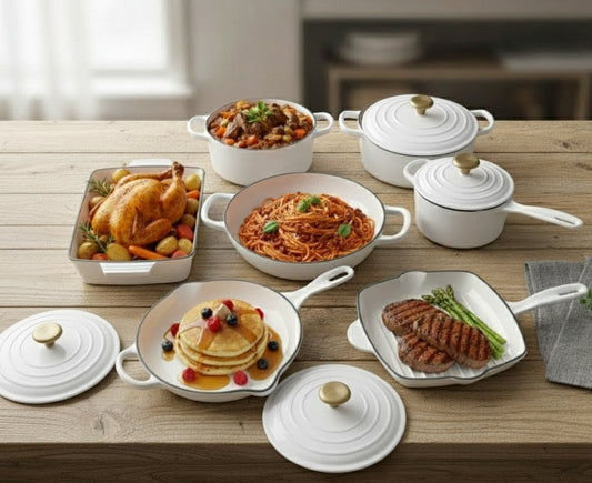 Enamel cast iron cooking pots set with casserole, frying, grill, and baking tray
