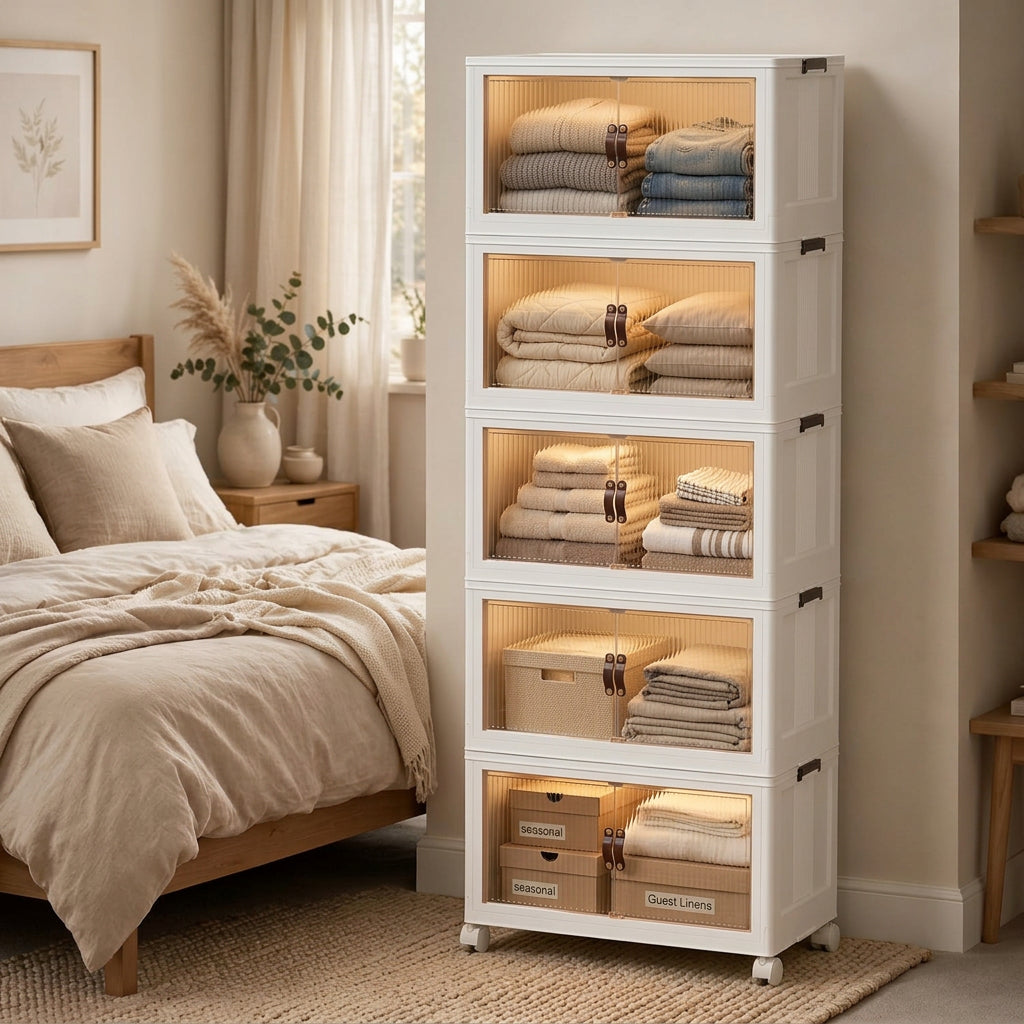 5 Layer Foldable Storage Cabinet 50 × 32 × 140cm with Clear Magnetic Doors and Rotating Wheels available in Nairobi, Kenya
