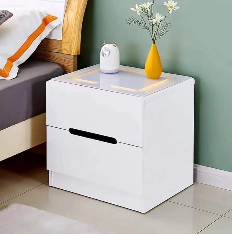 Modern Wooden Bedside Drawer with LED Light and Glass Top