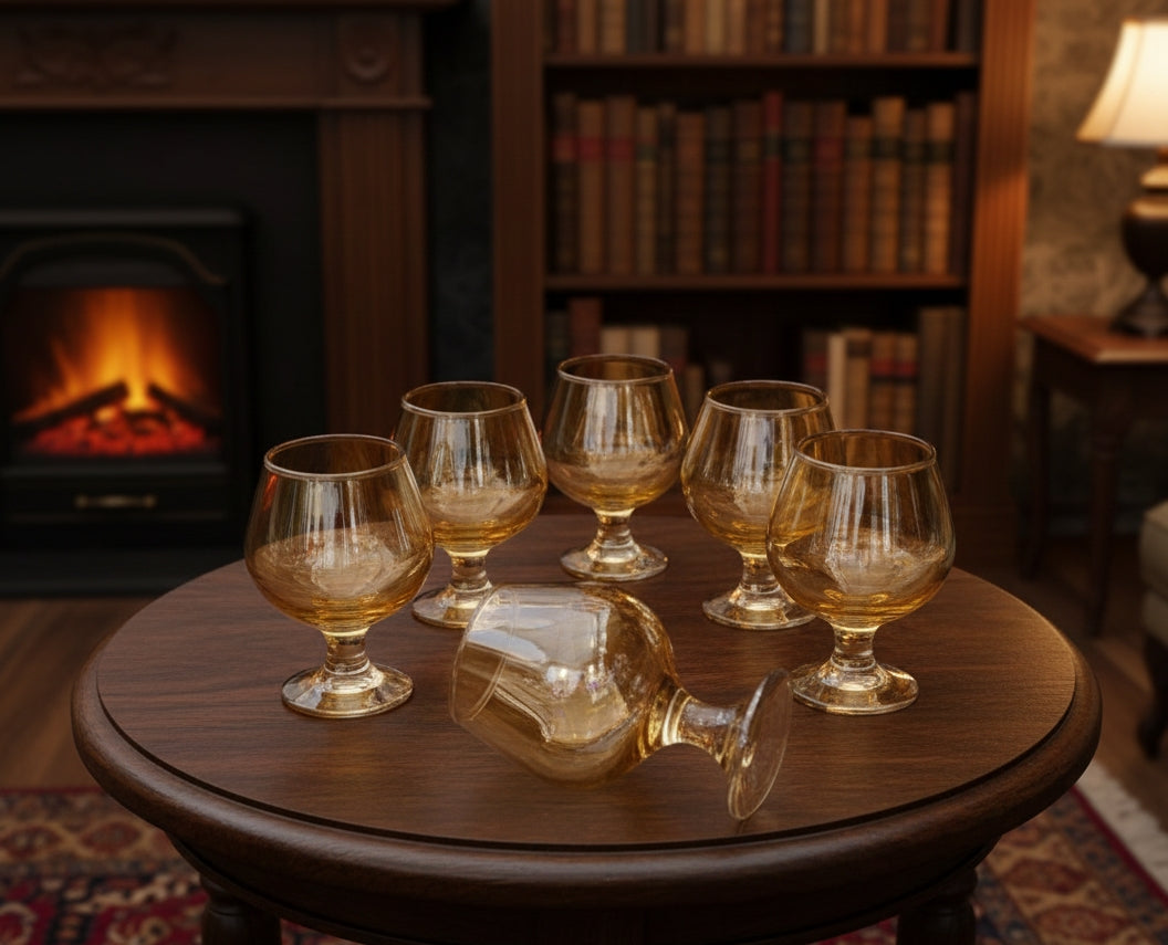 Gold cognac glasses set of six with elegant gold detailing.
