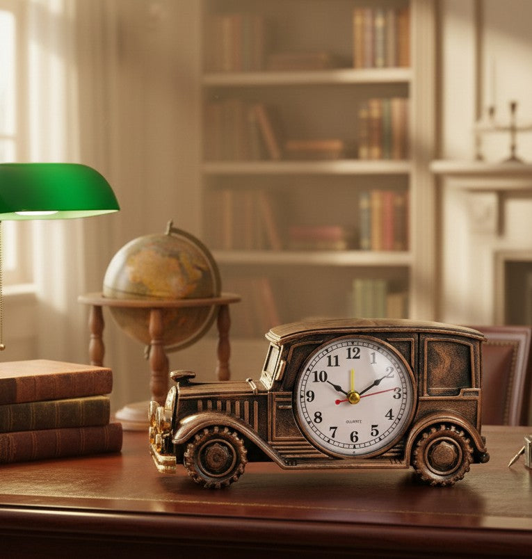 Vintage car-shaped alarm clock in gold, silver grey, and bronze.