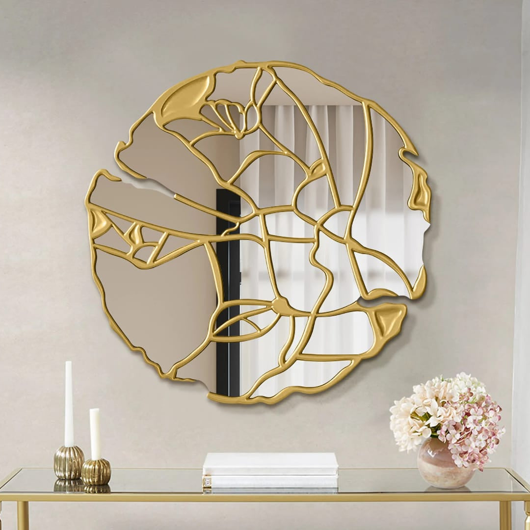 Gold mirror frame for console decoration, luxury villa living room wall mirror décor. 