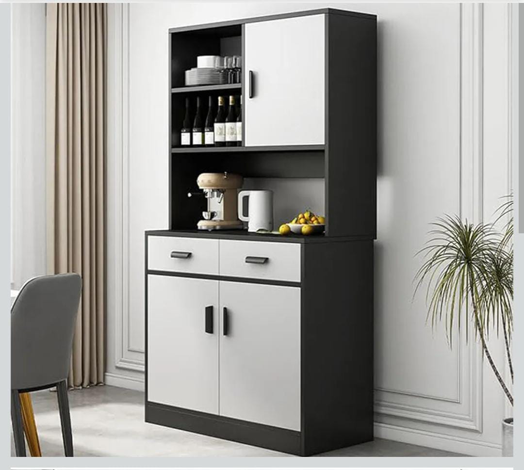 Multiple areas storage cabinet with spacious shelves for dry foods, utensils, cookware, and small appliances