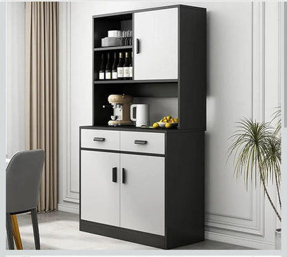 Multiple areas storage cabinet with spacious shelves for dry foods, utensils, cookware, and small appliances