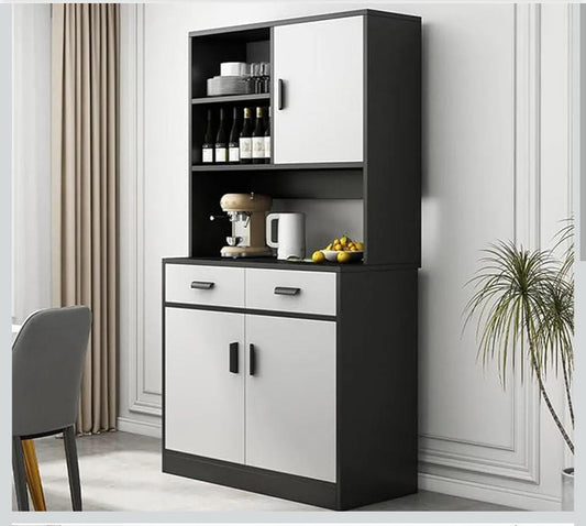 Multiple areas storage cabinet with spacious shelves for dry foods, utensils, cookware, and small appliances