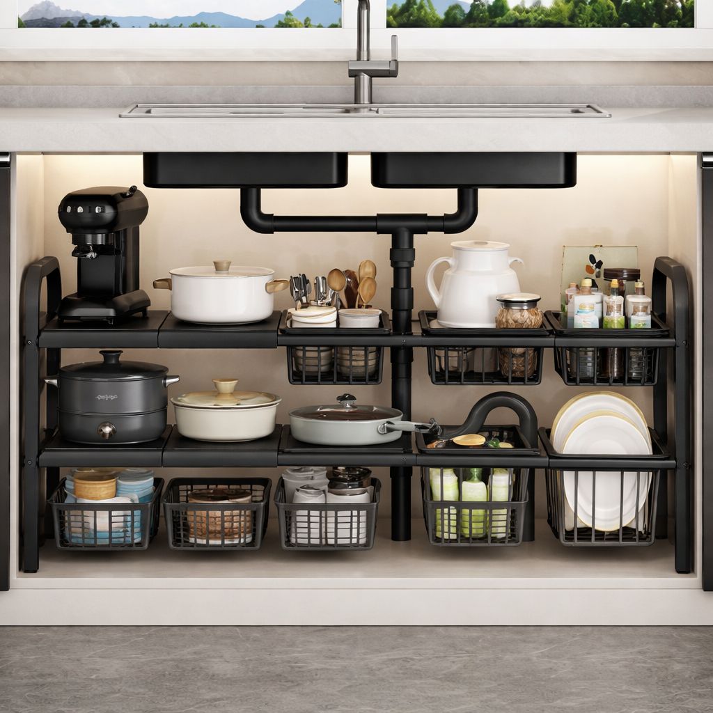 Expandable under sink organizer with 5 baskets, multi tier storage rack for kitchen and cabinet organization.