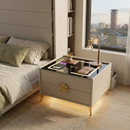 Bedside Nightstand with Wireless Charging and LED Lighting Glass Top