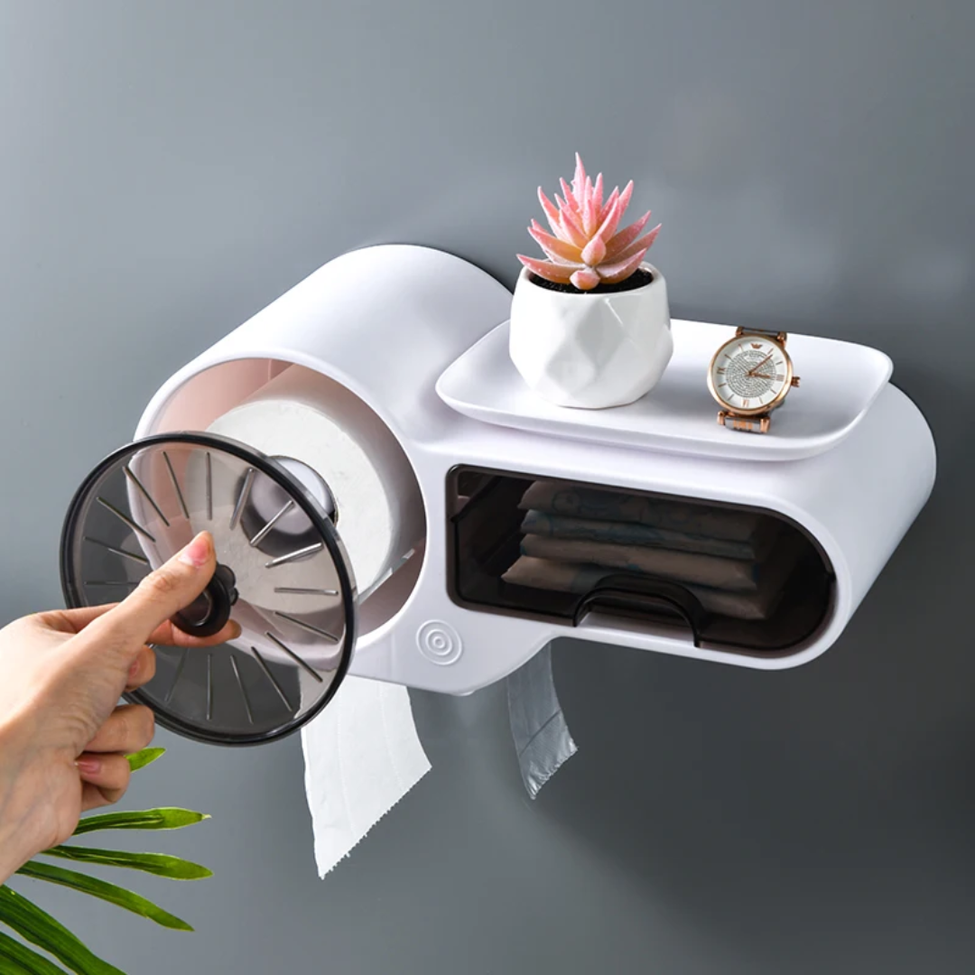 Wall mounted tissue holder with suction shelf, no-drill organizer for bathroom or kitchen storage.