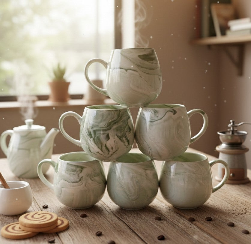 Set of six pot-style ceramic mugs with 380ml capacity each, suitable for tea and coffee